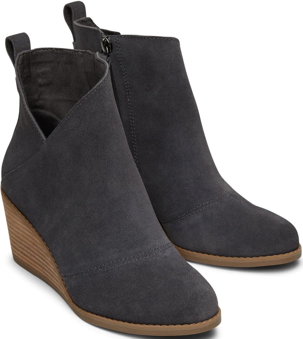 Toms Sutton Wedge Boot Suede Ankle Stacked Asymmetrical Zip Dark Gray 7.5
